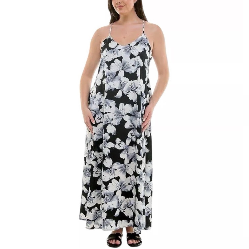 Nicole Miller Black and White Floral Maxi Dress Sleeveless Spaghetti Strap